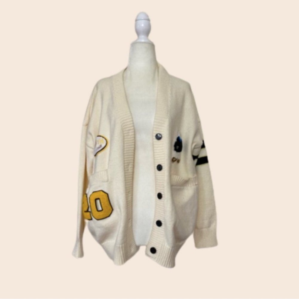 Handcrafted Vintage Style Cream Varsity Sweater with Patches Size Medium